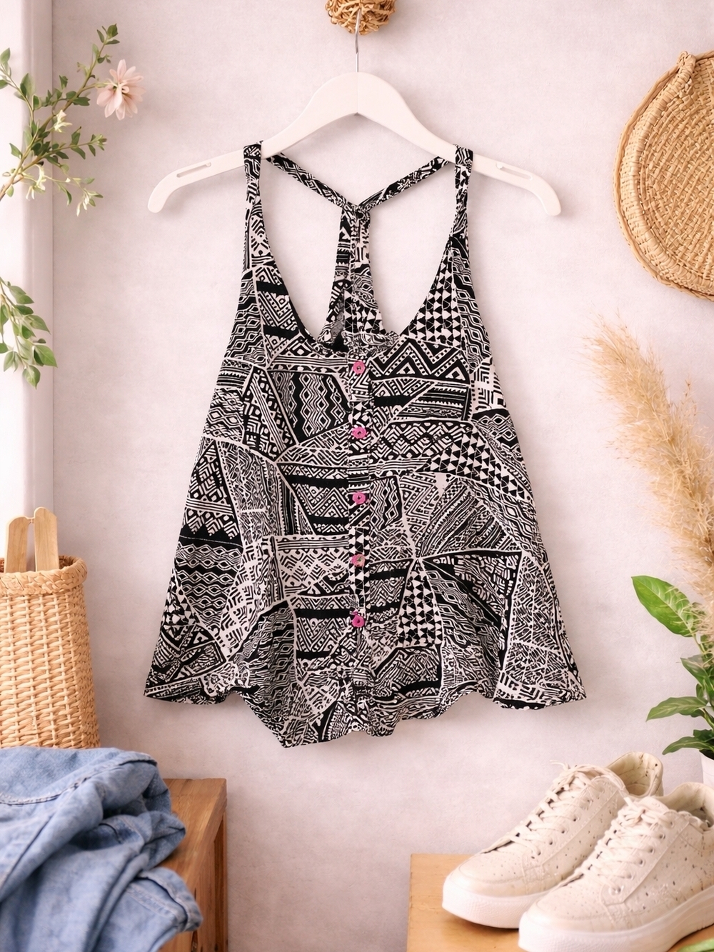 G21 Tank Top Large Boho Tribal Print Racerback Flowy Summer Festival Blouse